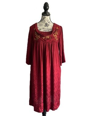 April Cornell Red Jacquard Embroidered Midi Dress Boho Cottagecore Romantic